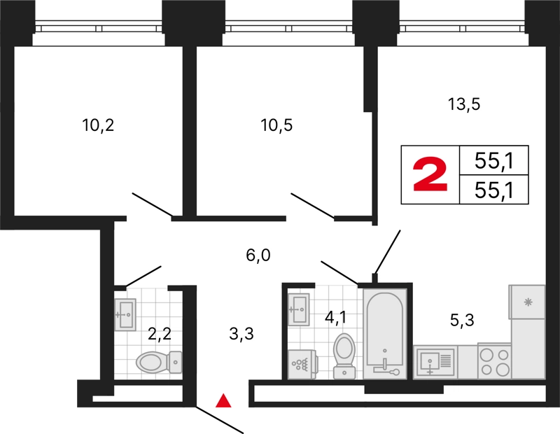 2-комнатная квартира 55.1 м² Бестселлер