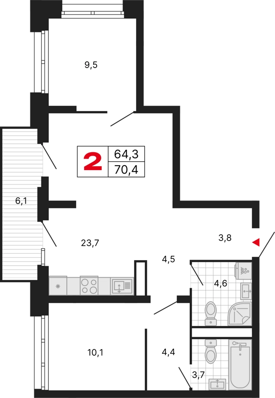 2-комнатная квартира 70.4 м² Бестселлер