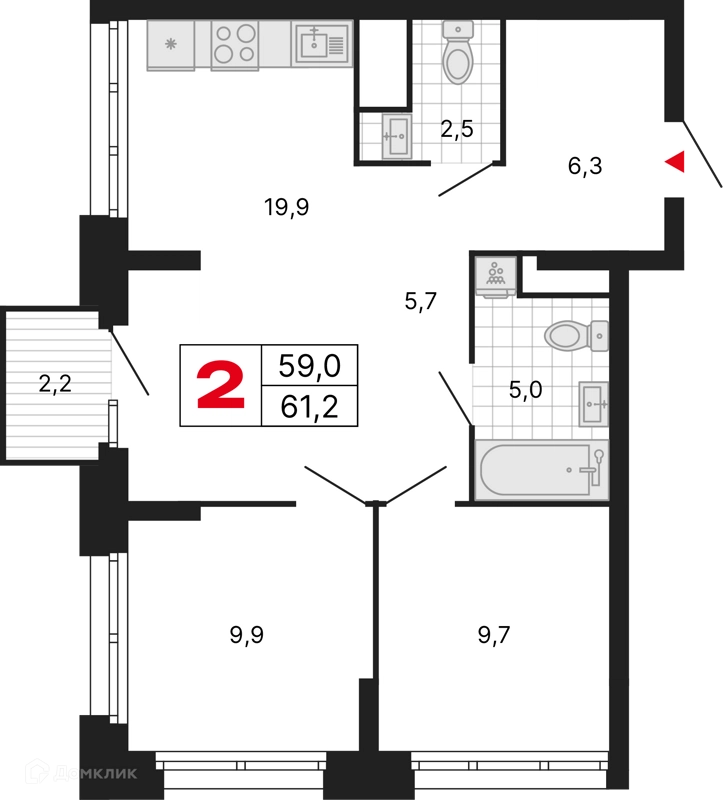 2-комнатная квартира 61.2 м² Бестселлер