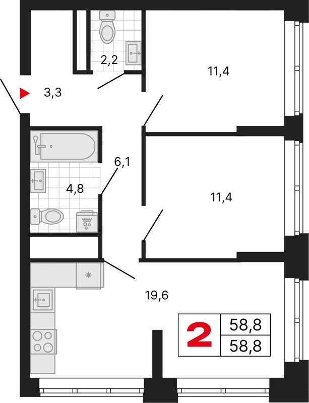 2-комнатная квартира 58.8 м² Бестселлер