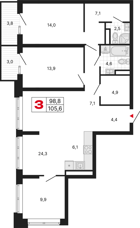 3-комнатная квартира 105.6 м² Бестселлер