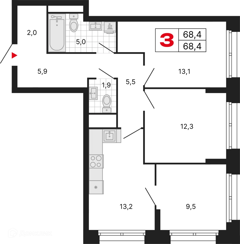3-комнатная квартира 68.4 м² Бестселлер