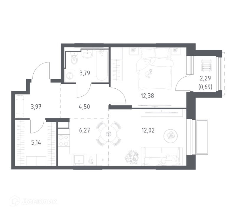 1-комнатная квартира 48.76 м² Долина Яузы