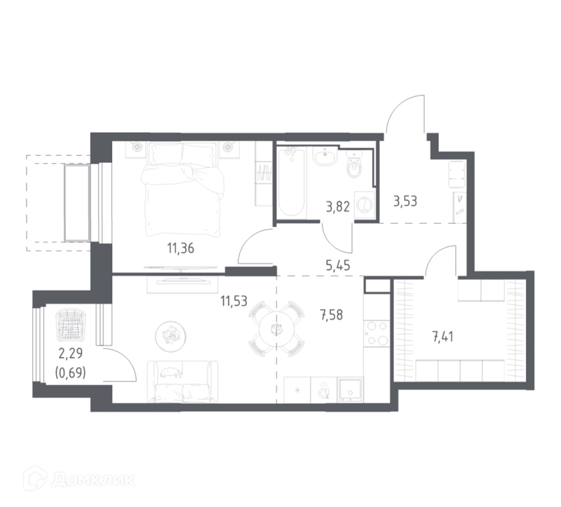 1-комнатная квартира 51.37 м² Долина Яузы