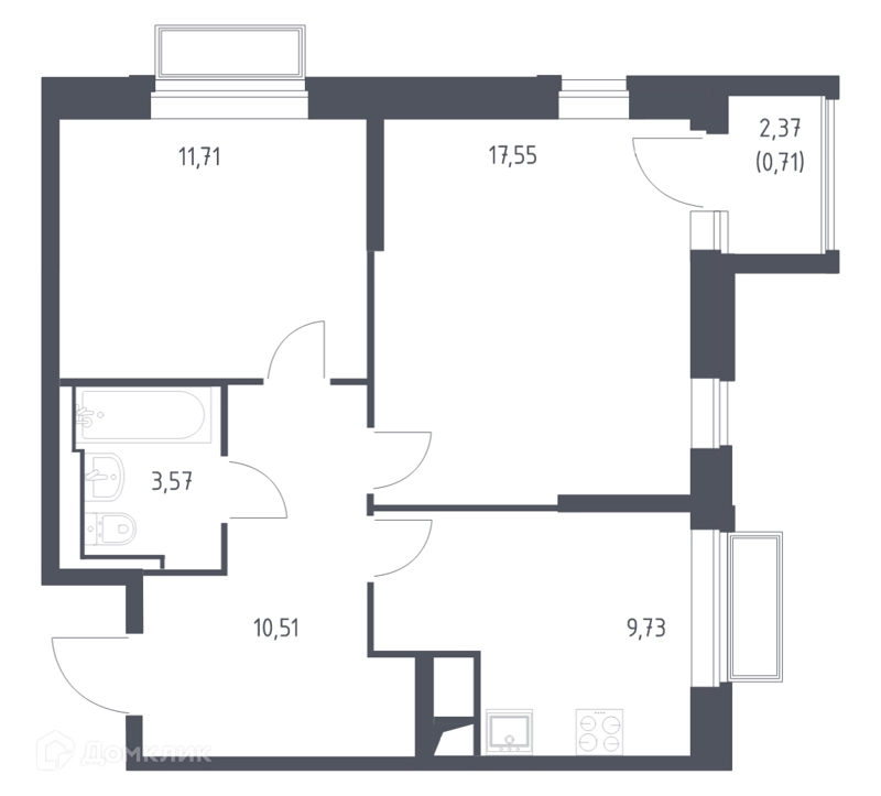 2-комнатная квартира 53.7 м² Долина Яузы