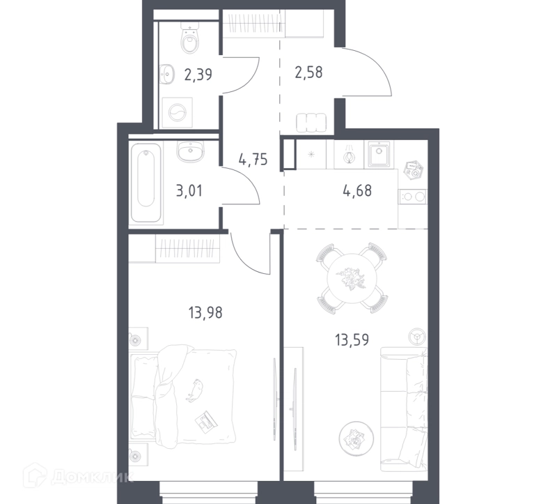 1-комнатная квартира 44.98 м² Егорово парк