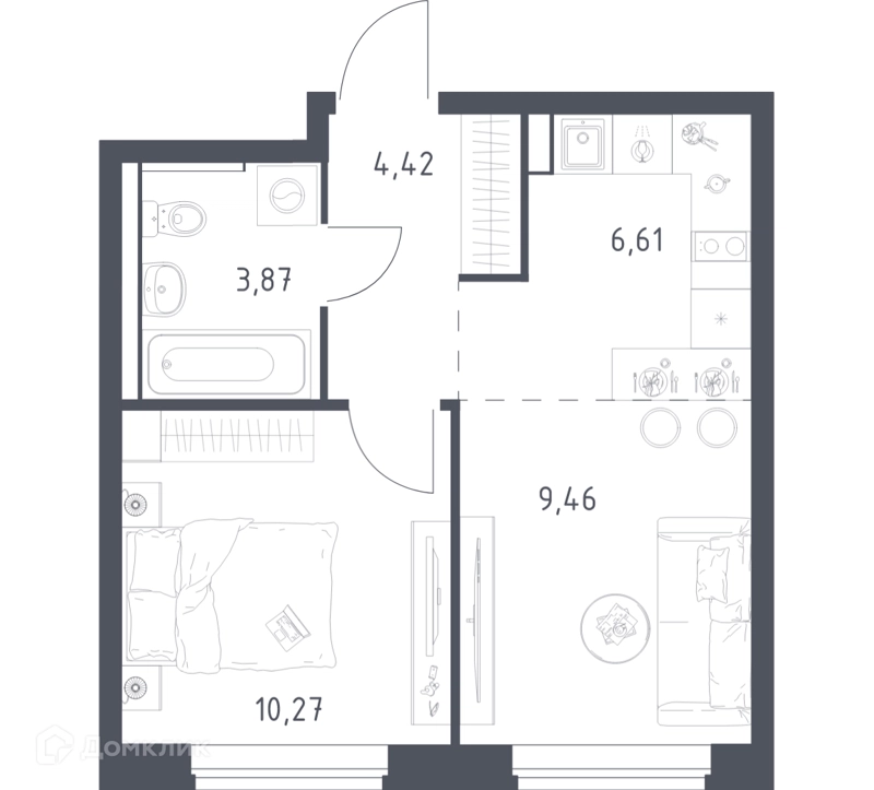 1-комнатная квартира 34.63 м² Егорово парк