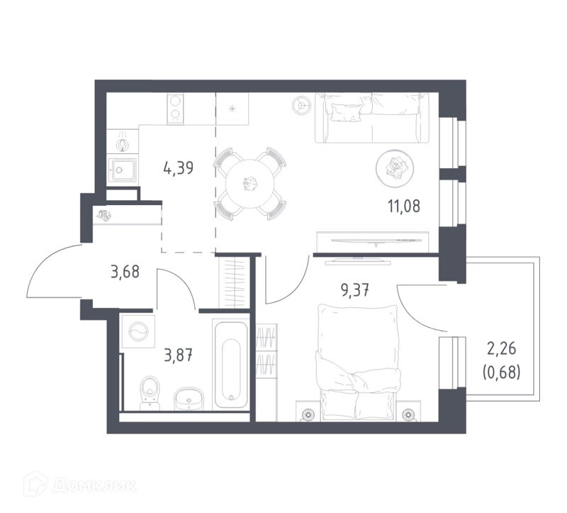 1-комнатная квартира 33.5 м² Егорово парк
