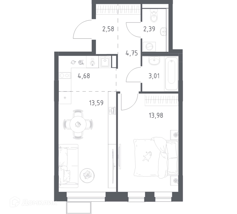 1-комнатная квартира 44.5 м² Егорово парк