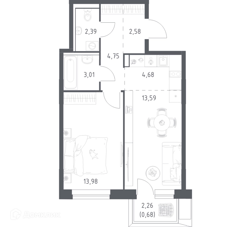 1-комнатная квартира 45.2 м² Егорово парк