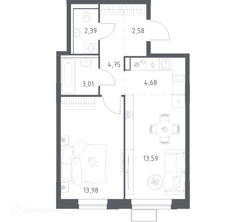 1-комнатная квартира 45.1 м² Егорово парк