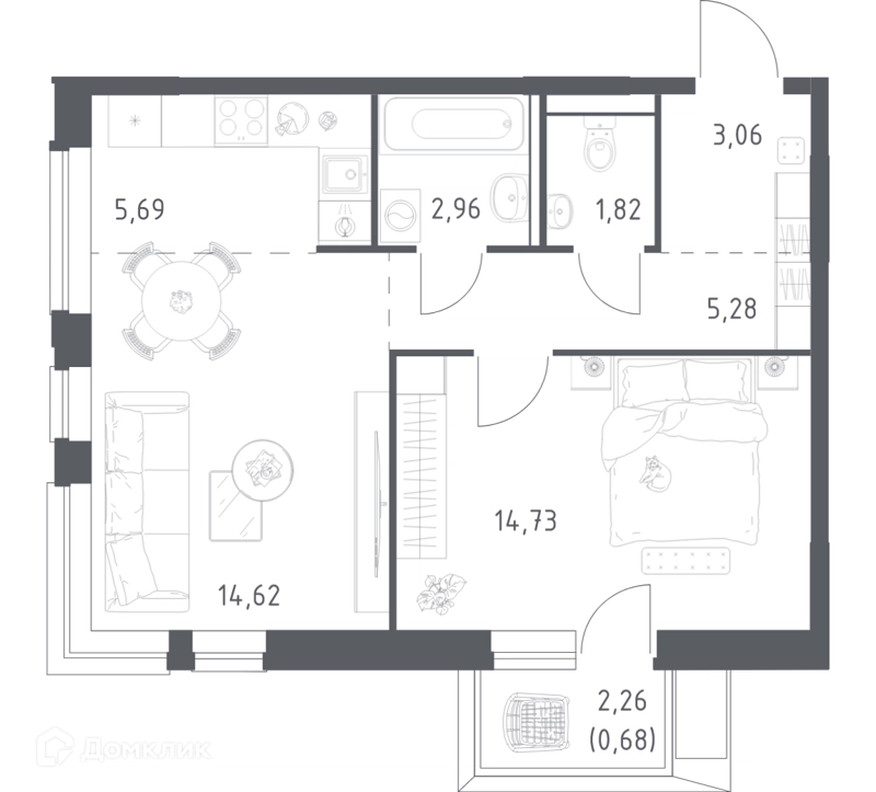 1-комнатная квартира 48.4 м² Егорово парк