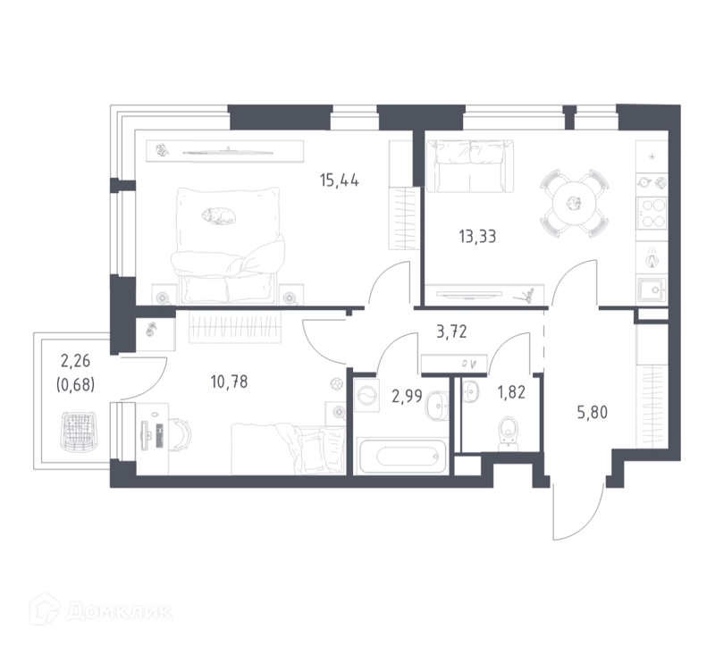 2-комнатная квартира 54.56 м² Егорово парк