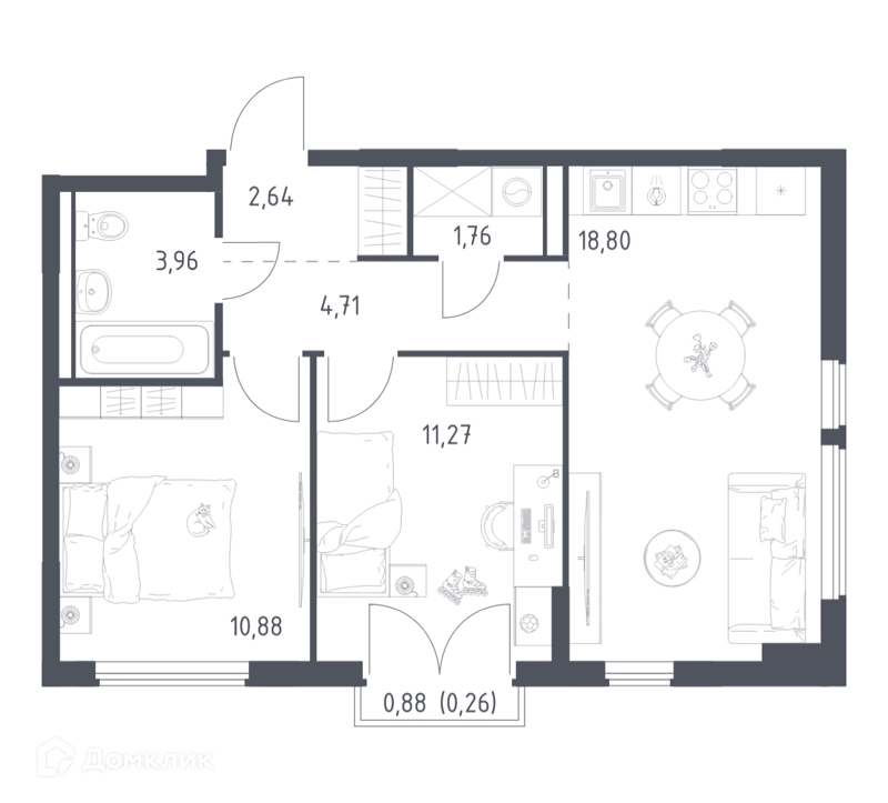 2-комнатная квартира 54.28 м² Егорово парк