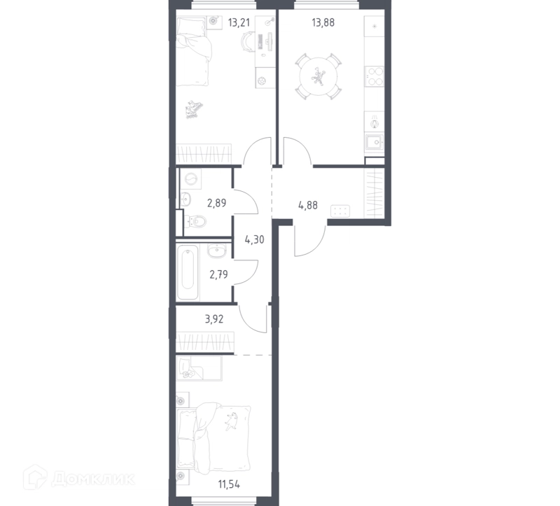 2-комнатная квартира 57.41 м² Егорово парк