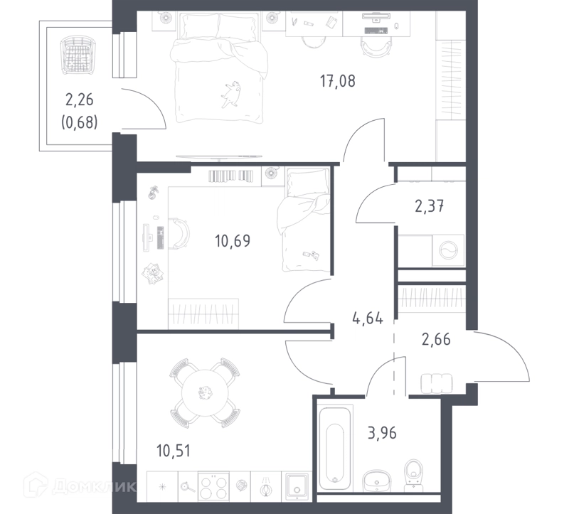 2-комнатная квартира 52.59 м² Егорово парк