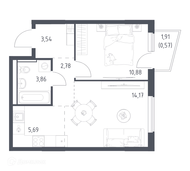 2-комнатная квартира 41.49 м² Егорово парк