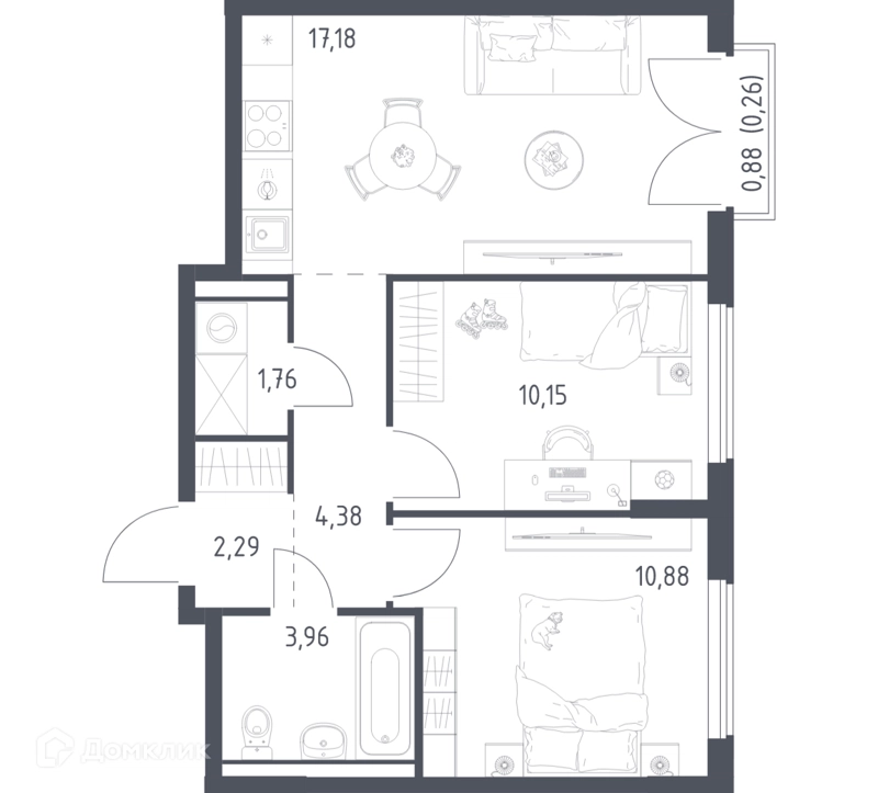 2-комнатная квартира 50.86 м² Егорово парк