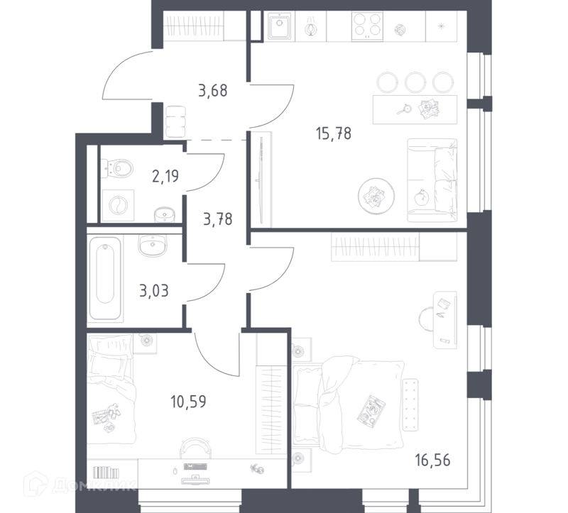 2-комнатная квартира 55.61 м² Егорово парк