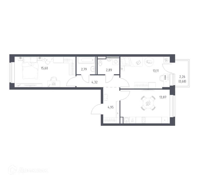 2-комнатная квартира 58.2 м² Егорово парк
