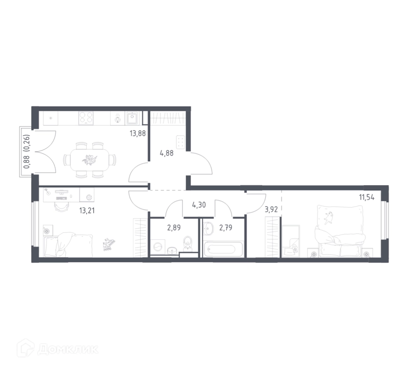 2-комнатная квартира 57.67 м² Егорово парк