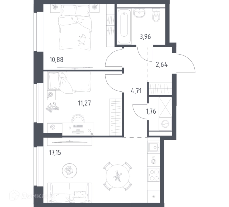 2-комнатная квартира 52.37 м² Егорово парк