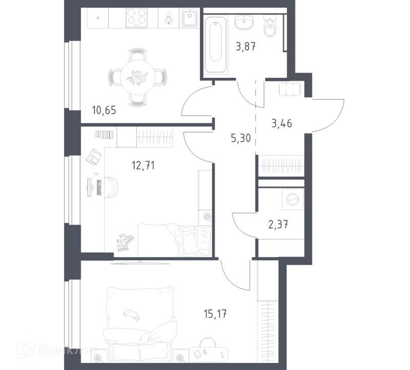 2-комнатная квартира 53.53 м² Егорово парк