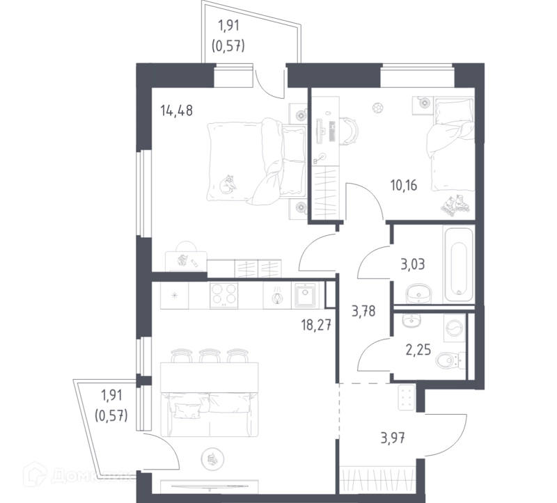 2-комнатная квартира 57.08 м² Егорово парк