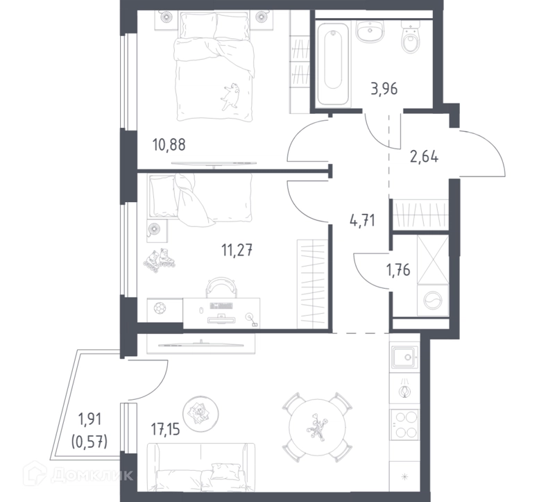 2-комнатная квартира 52.94 м² Егорово парк