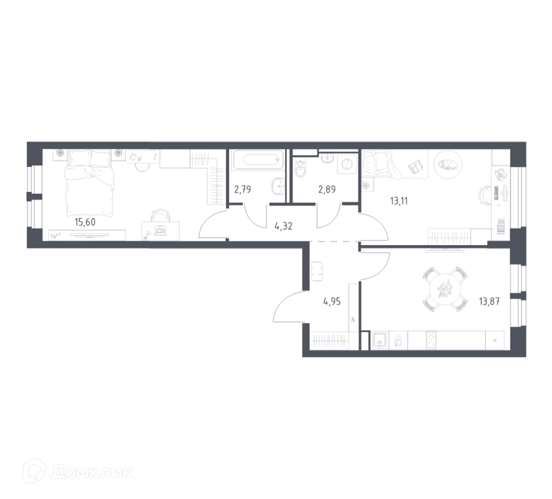 2-комнатная квартира 57.4 м² Егорово парк