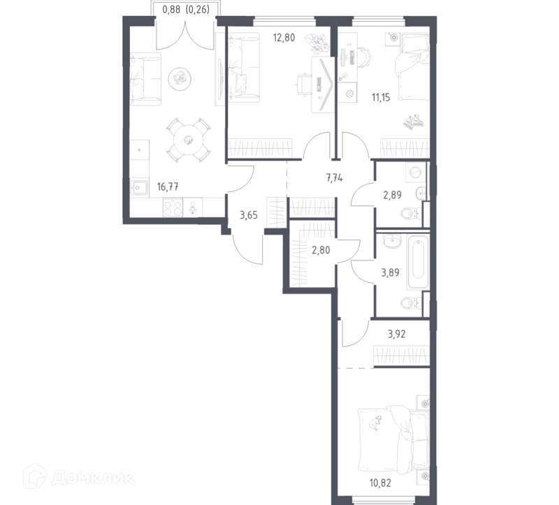 3-комнатная квартира 76.69 м² Егорово парк