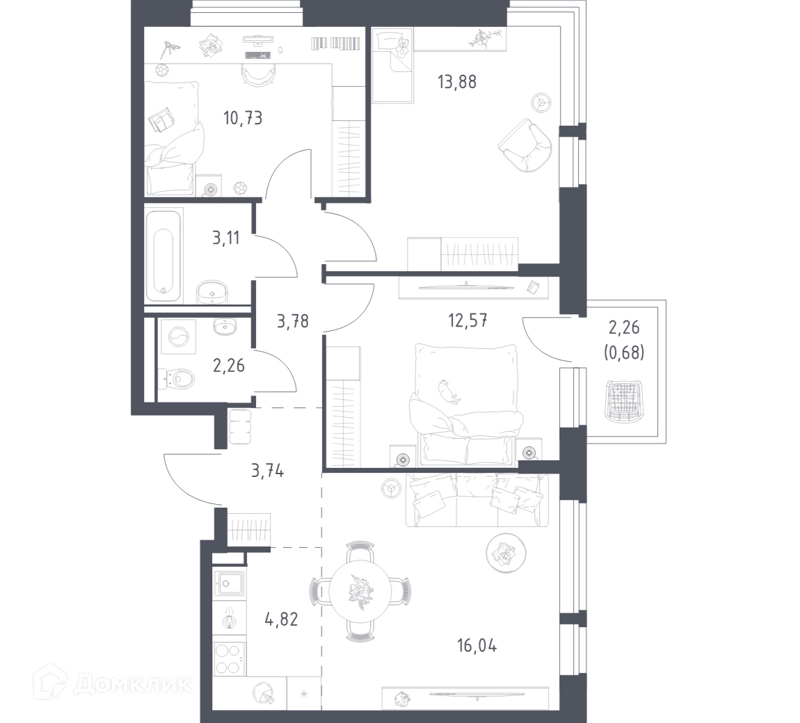3-комнатная квартира 71.61 м² Егорово парк