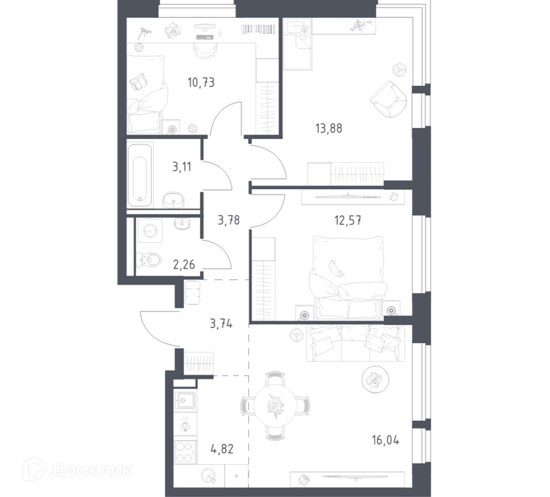 3-комнатная квартира 70.93 м² Егорово парк