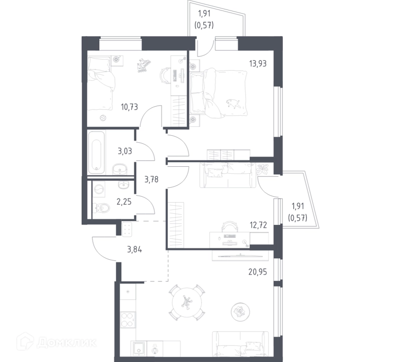 3-комнатная квартира 72.37 м² Егорово парк