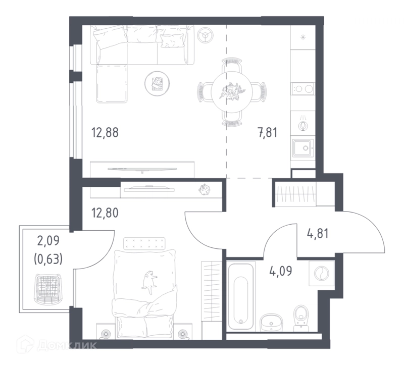 1-комнатная квартира 43.02 м² Горки Парк