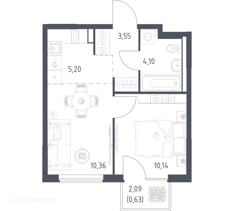 1-комнатная квартира 33.98 м² Горки Парк