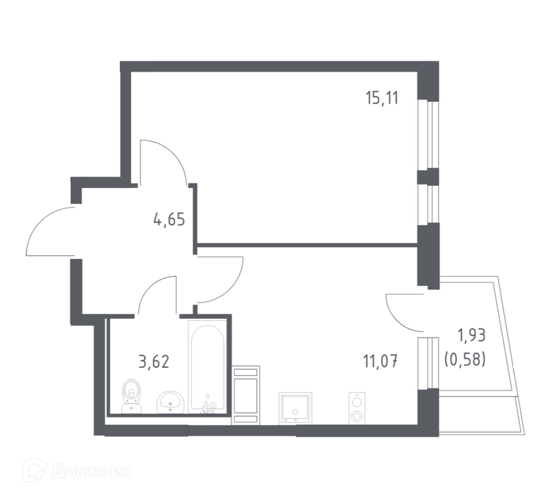 1-комнатная квартира 34.6 м² Горки Парк