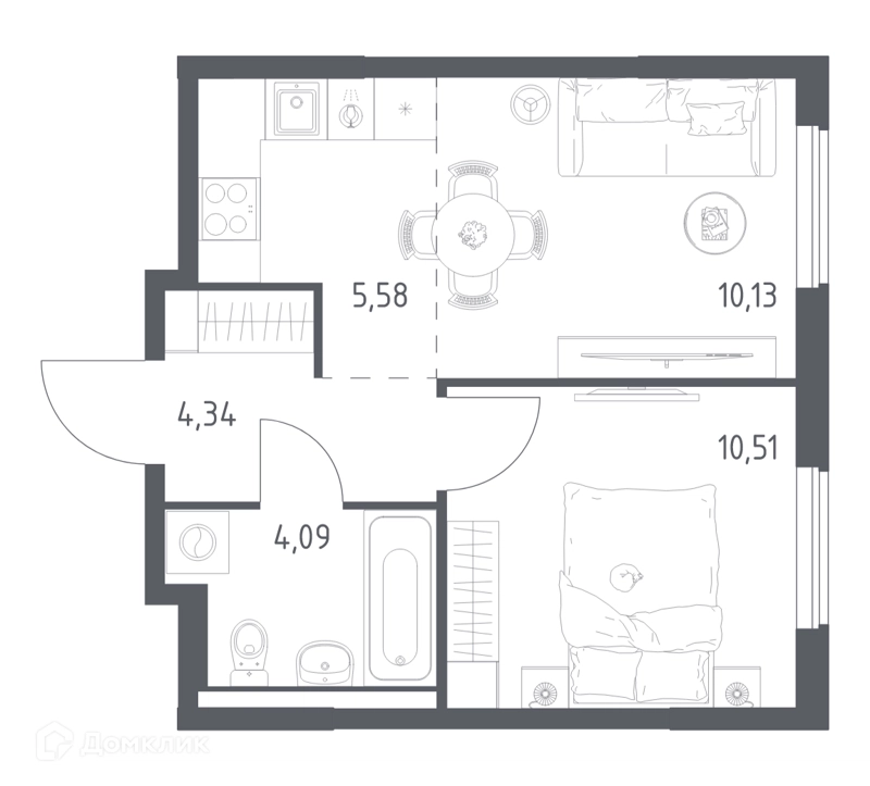 1-комнатная квартира 34.65 м² Горки Парк