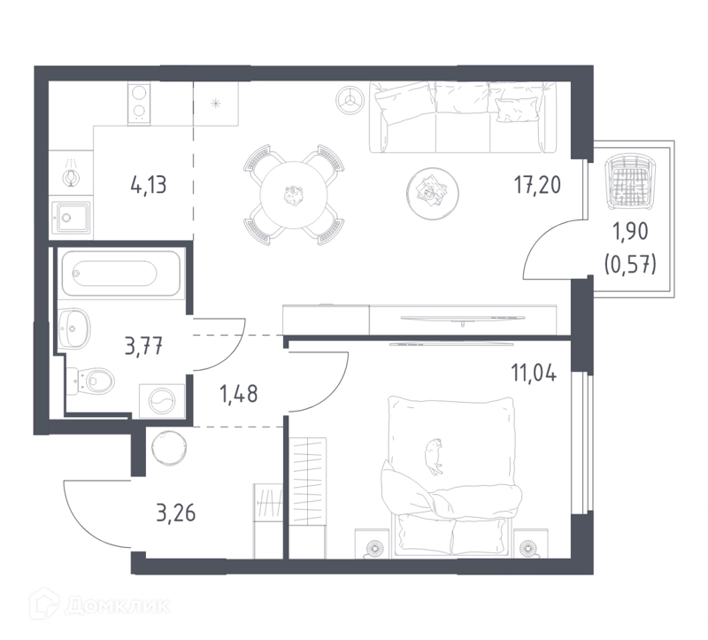 1-комнатная квартира 41.45 м² Горки Парк