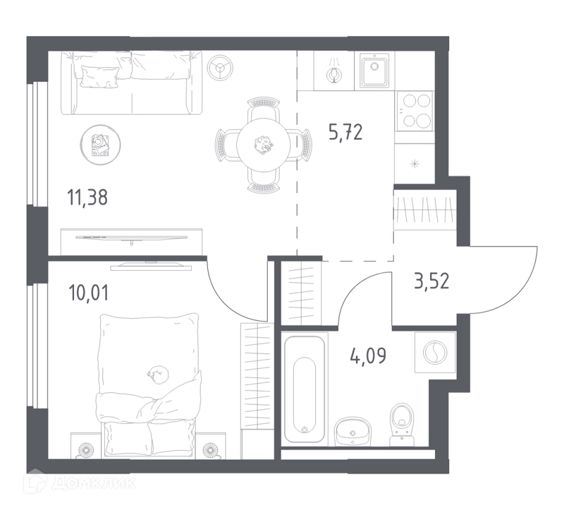 1-комнатная квартира 34.72 м² Горки Парк