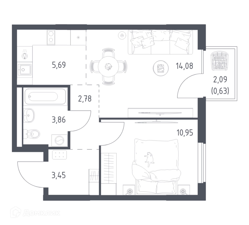1-комнатная квартира 41.44 м² Горки Парк