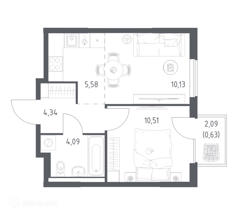 1-комнатная квартира 35.28 м² Горки Парк