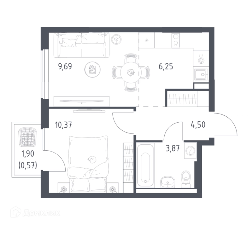 1-комнатная квартира 35.25 м² Горки Парк