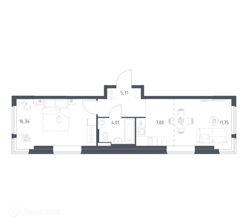 1-комнатная квартира 44.41 м² Горки Парк
