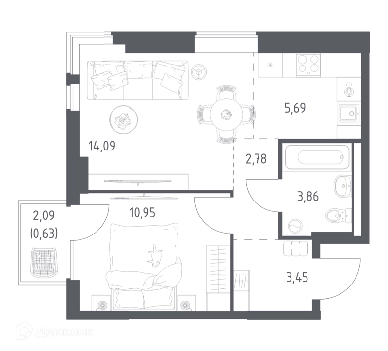 1-комнатная квартира 41.45 м² Горки Парк