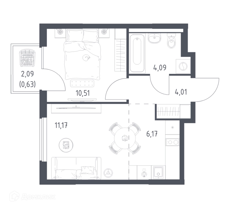 1-комнатная квартира 36.58 м² Горки Парк