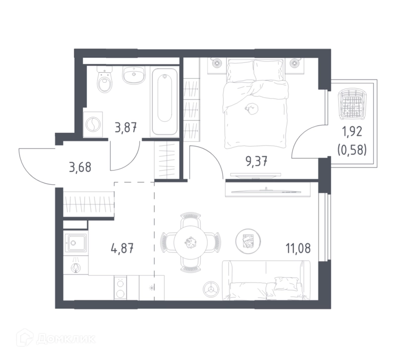 1-комнатная квартира 33.45 м² Горки Парк