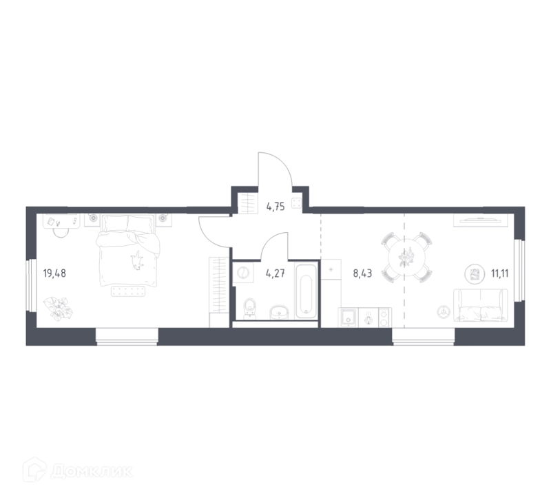 1-комнатная квартира 48.04 м² Горки Парк