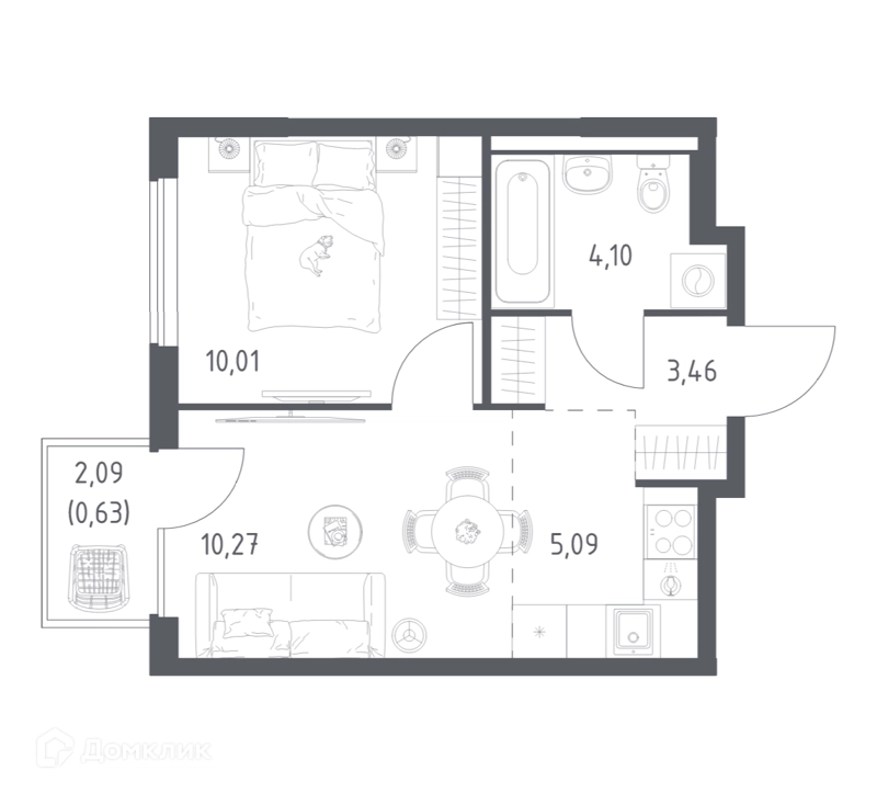 1-комнатная квартира 33.56 м² Горки Парк
