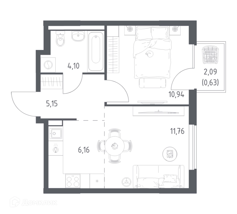 1-комнатная квартира 38.74 м² Горки Парк